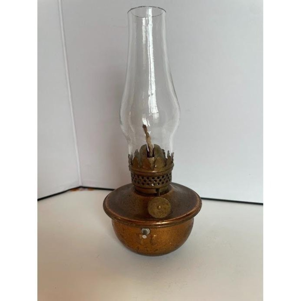 Vintage Brass Miniature Finger Oil Lamp with Clear Glass Hurricane Chimney